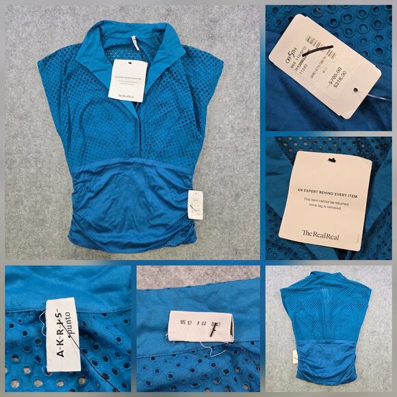 Akris Punto Blouse Womens 12 Blue Eyelet‎ Collared Sleeveless Stretch Sheer NWT